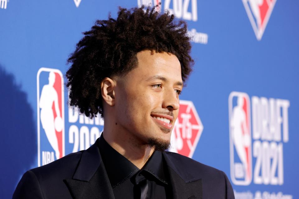 NEW YORK, NEW YORK - JULY 29: Cade Cunningham poses for photos on the red carpet during the 2021 NBA Draft at the Barclays Center on July 29, 2021 in New York City.