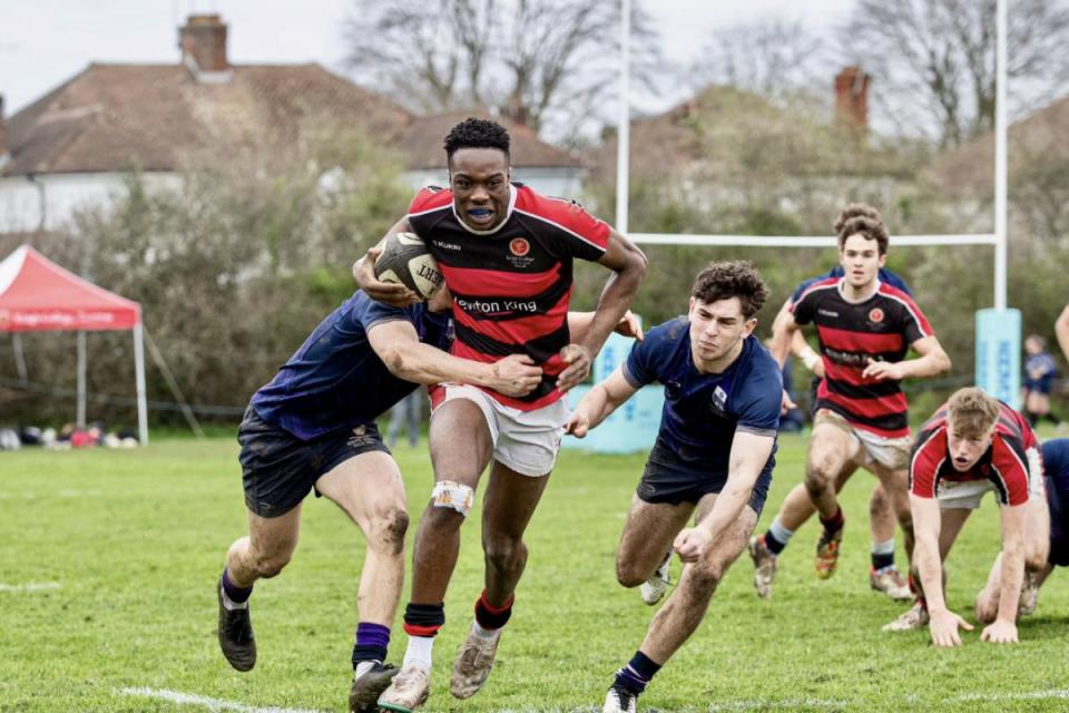 Top try scorer at the Rosslyn Park 7s Mudia Eribo crossing the line for another try <i>(Image: King's College)</i>