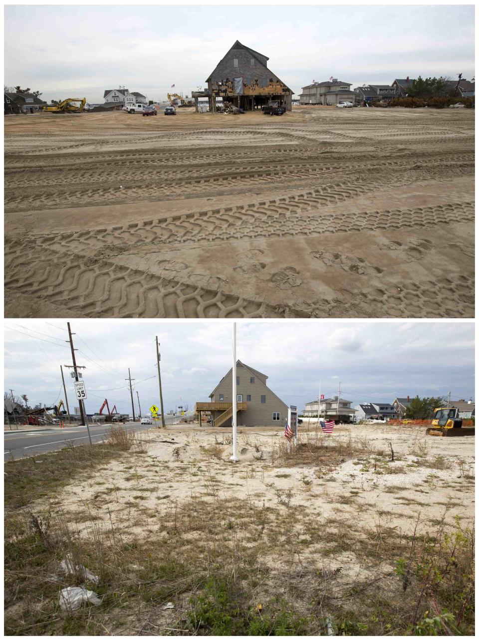 A combination photo shows the Neukom family home repaired after almost a year since it was photographed damaged by the storm surge of Superstorm Sandy in the town of Mantoloking New Jersey