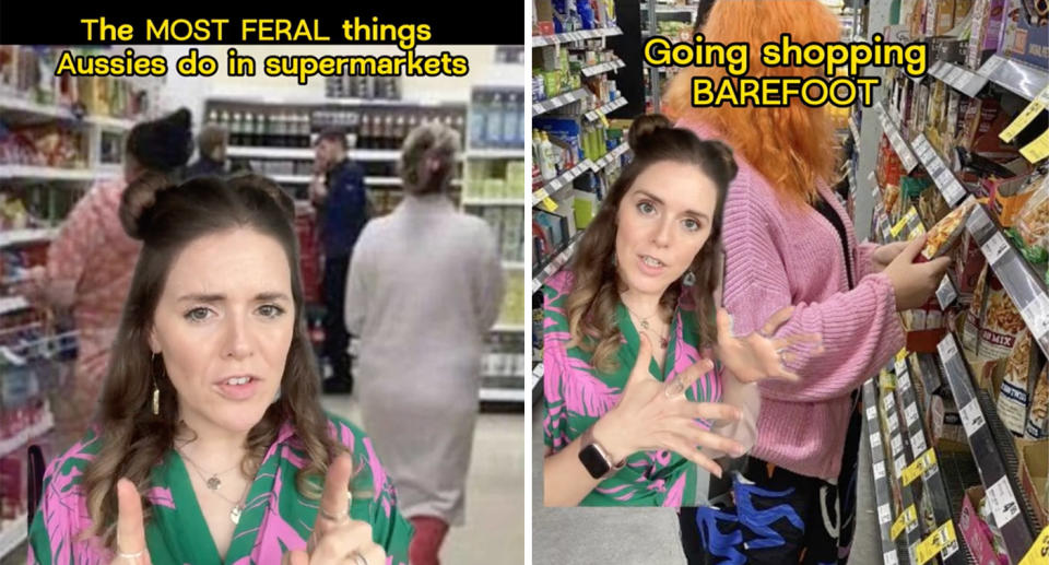 Stills from TikTok video in which British expat lists feral Aussie supermarket shopper behaviours