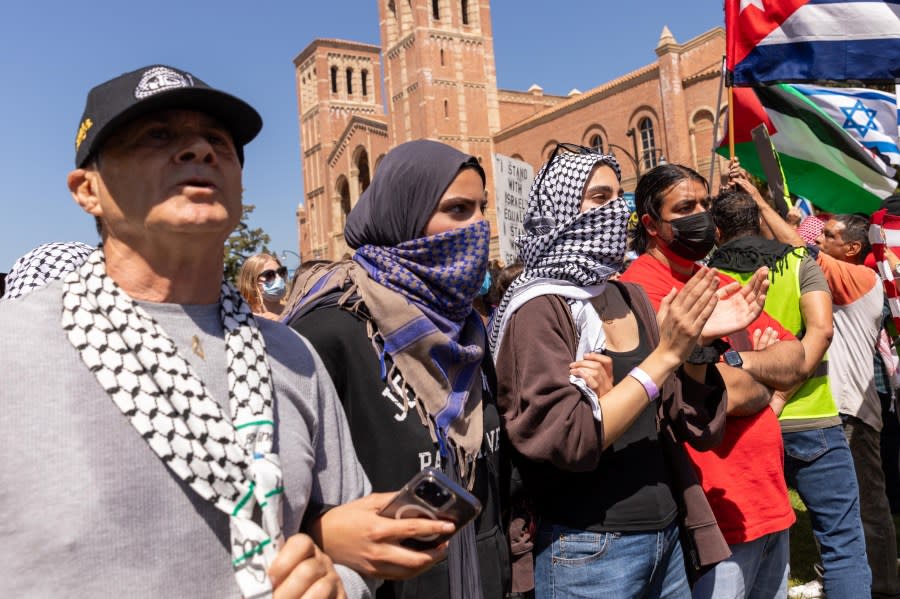 LOS ANGELES, CALIFORNIA – APRIL 28: Tension rises between Pro-Palestinian and pro-Israeli protestors on the campus of the University of California Los Angeles (UCLA) on April 28, 2024 in Los Angeles, California. (Photo by Grace Hie Yoon/Anadolu via Getty Images)