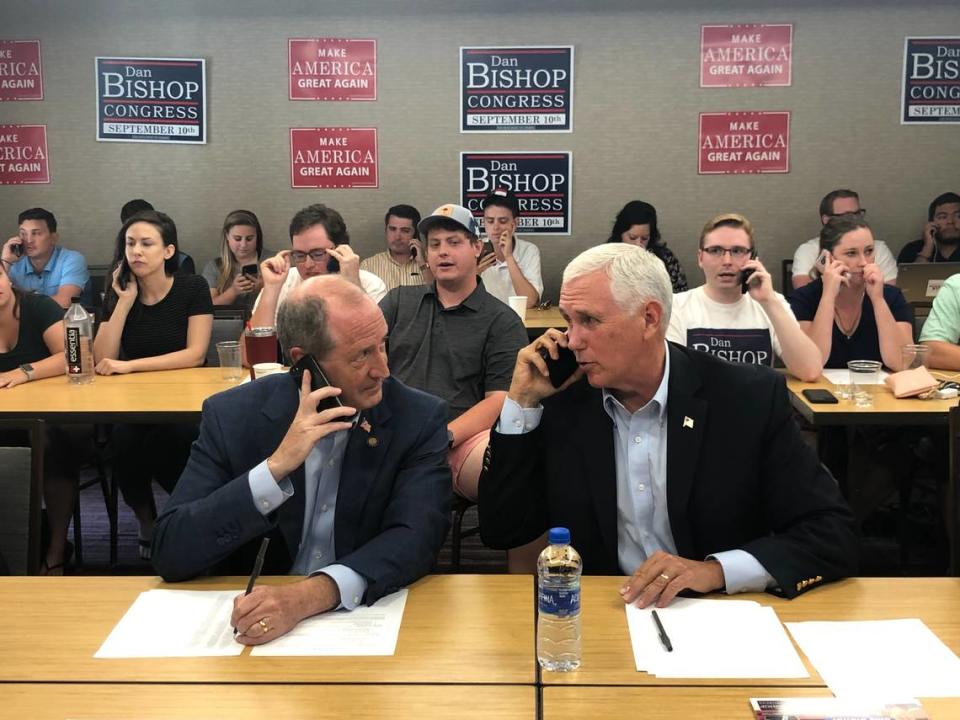 Then-Vice President Mike Pence with Dan Bishop inside a campaign phone bank in Charlotte, N.C., on Sept. 9, 2019.