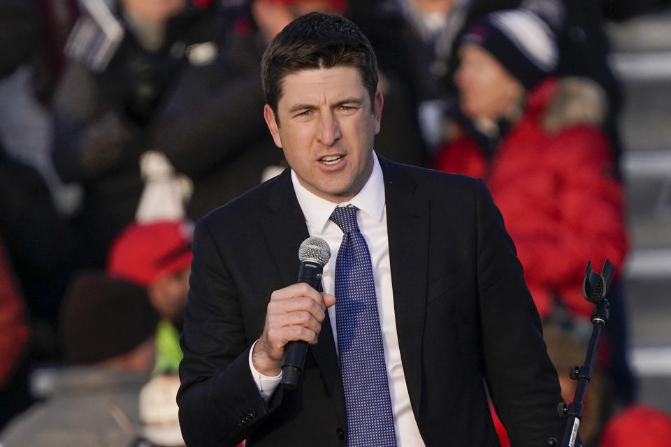 FILE - Rep. Bryan Steil, R-Wis., speaks before President Donald Trump arrives at a campaign rally at the Waukesha County Airport Saturday, Oct. 24, 2020, in Waukesha, Wis. On Thursday, April 18, 2024, Peter Barca announced his bid against Steil, who is seeking a fourth term. (AP Photo/Morry Gash, File)