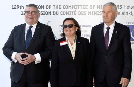 Finland's Minister of Foreign Affairs Timo Soini, Secretary of State for European Affairs of Portugal Ana Paula Zacarias and Secretary General of the Council of Europe Thorbjorn Jagland attend The Ministers for Foreign Affairs of the Council of Europe's annual meeting in Helsinki, Finland May 17, 2019. Lehtikuva/Vesa Moilanen via REUTERS