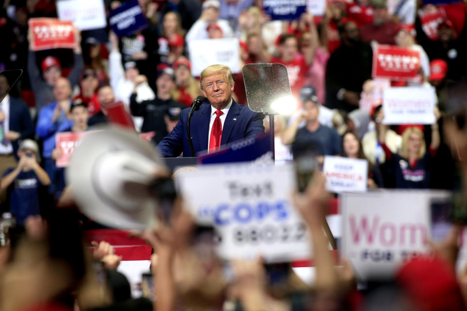 CHARLOTTE, NC - MARCH 2: U.S. President Donald Trump speaks to supporters during a rally on March 2, 2020 in Charlotte, North Carolina. Trump was campaigning ahead of Super Tuesday. (Photo by Brian Blanco/Getty Images)