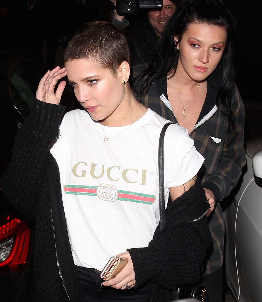 <p>Singer Halsey is also a big Gucci fan. She wore a l<span>ogo-print cotton T-shirt during</span> a night out in Los Angeles in December 2016. (Photo: Splash News) </p>