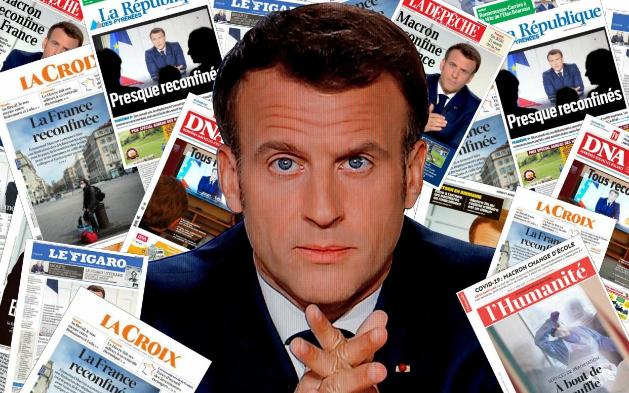 Macron and France front pages about lockdown