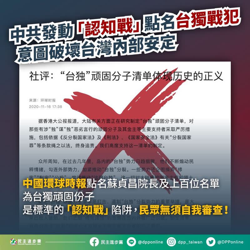 中共列台獨頑固份子名單，民進黨：令人厭惡、反感。（圖／翻攝自民進黨臉書）