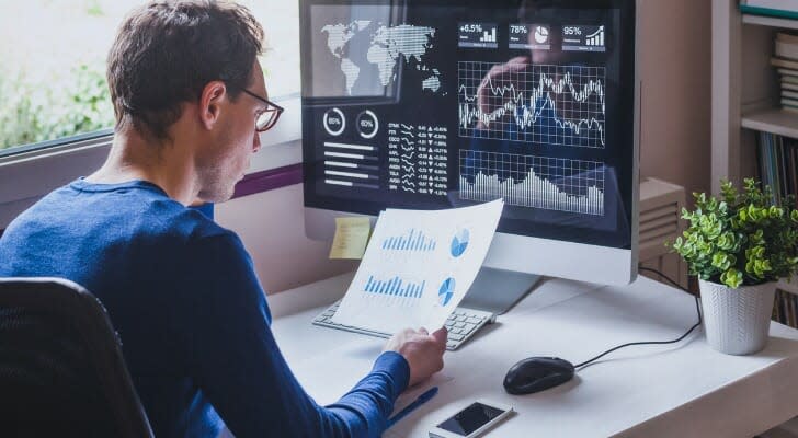 Businessman calculating discounted cash flow