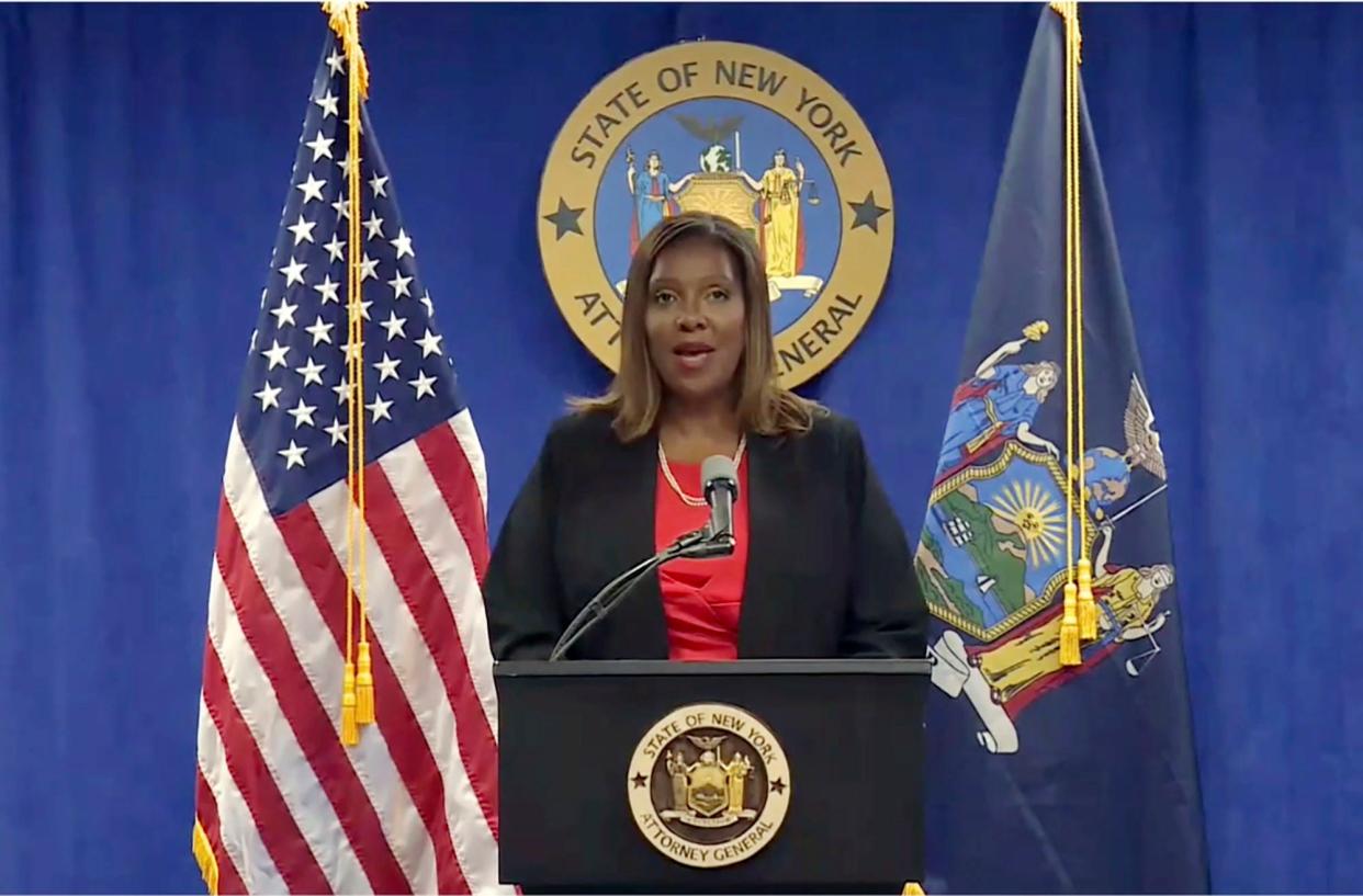 In this still image from video, New York State Attorney General Letitia James addresses a news conference, in New York, Tuesday, Aug. 3, 2021. An investigation into New York Gov. Andrew Cuomo found that he sexually harassed multiple current and former state government employees, state  James announced Tuesday.