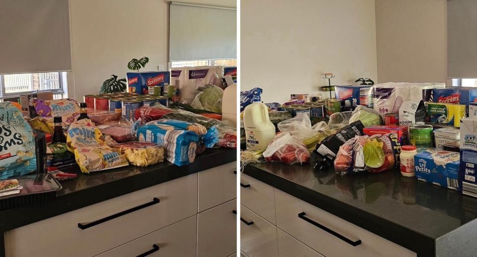 Composite image of an Aldi grocery shop on a kitchen bench, and a Coles grocery shop on a kitchen bench.