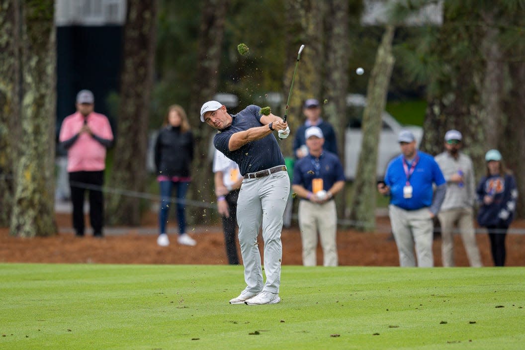 Scott Stallings hits a shot at the 15th hole of the Players Stadium Course at TPC Sawgrass during the 2022 Players Championship. His Masters invitation for 2023 somehow wound up at the St. Simons Island, Ga., home of another Scott Stallings.