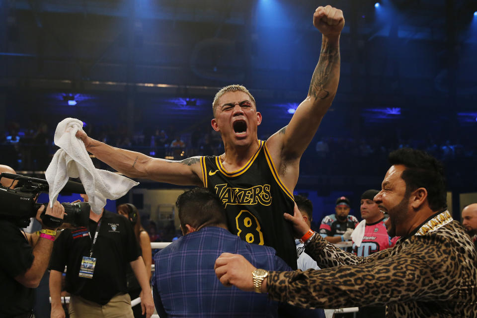 MIAMI, FLORIDA - JANUARY 30:  Joseph Diaz celebrates after defeating Tevin Farmer in a unanimous decision to win the IBF 135 World Title at Meridian at Island Gardens on January 30, 2020 in Miami, Florida. (Photo by Michael Reaves/Getty Images)