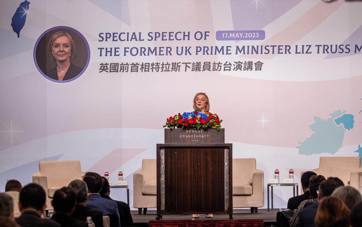 Former British Prime Minister Liz Truss gives a speech at a forum held by Prospect Foundation on May 17, 2023 in Taipei - Annabelle Chih/Getty