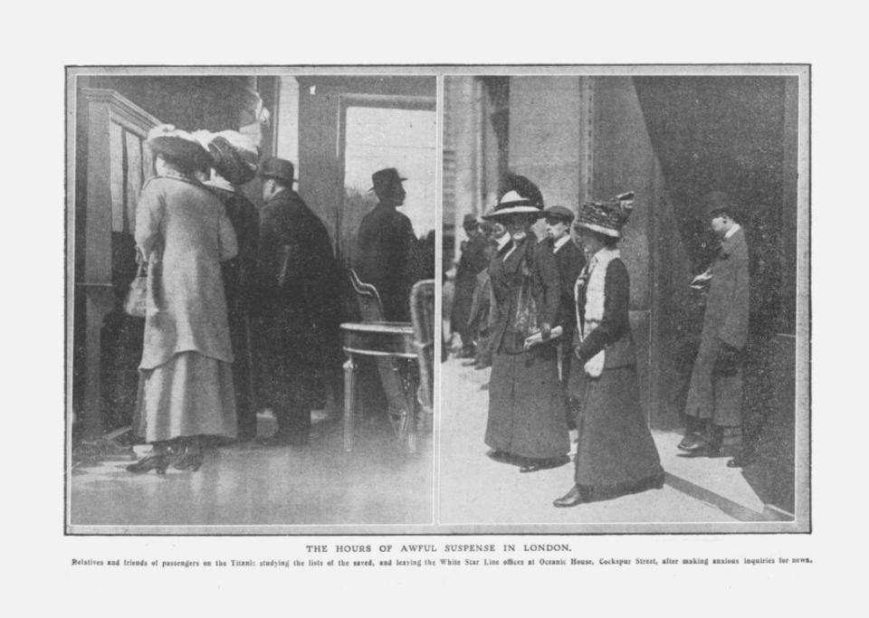 People in London examining lists of names of Titanic survivors