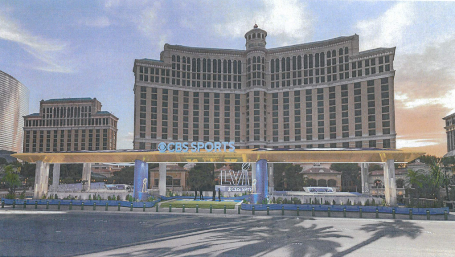 A rendering showing how the temporary platforms over the Bellagio Fountains may look from street level, without the expected fence surrounding the western sidewalk along the fountain. (NFL)