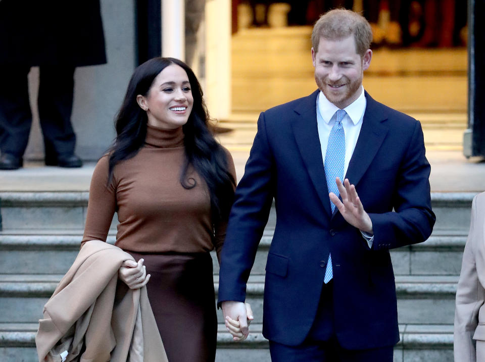 Prince Harry, Duke of Sussex, and Meghan, Duchess of Sussex, depart Canada House on Jan. 7, 2020 in London. (Photo: Chris Jackson via Getty Images)