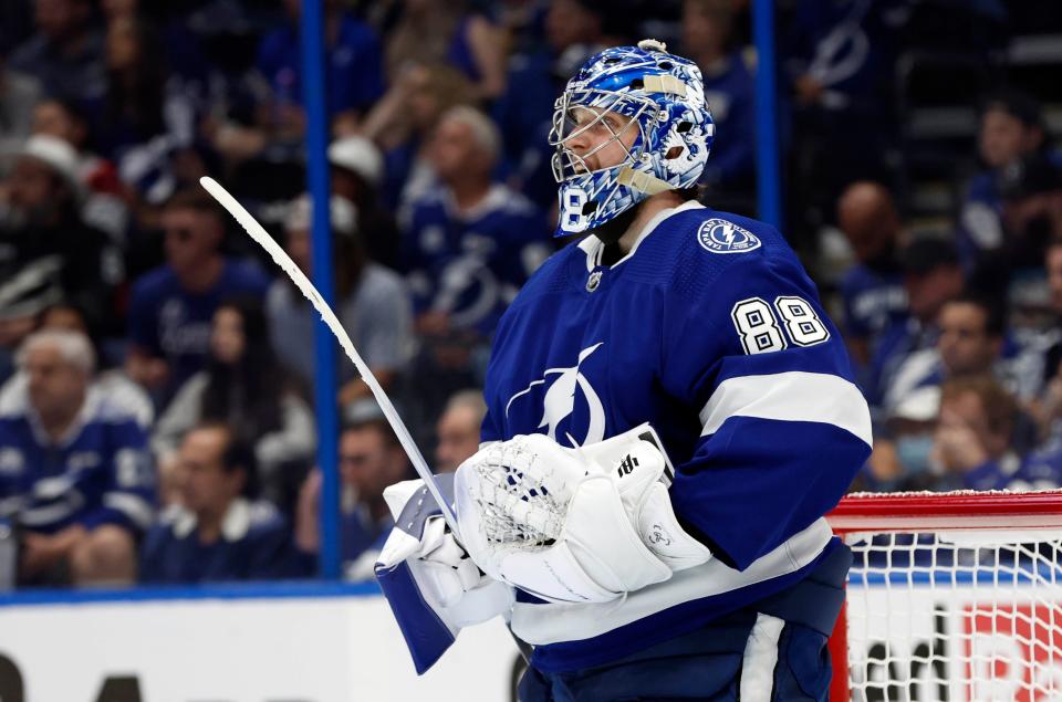 Tampa Bay Lightning goaltender Andrei Vasilevskiy has a 2.27 goals-against average in the playoffs.