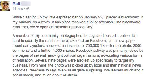 Matt, owner of Mister Jones, wrote a lengthy Facebook post addressing the controversy. Photo: Facebook