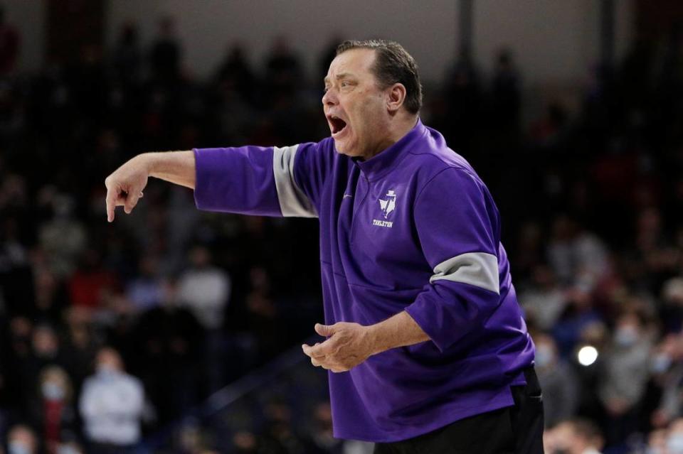 Tarleton State head coach Billy Gillispie directs his team during the second half of an NCAA college basketball game against Gonzaga, Monday, Nov. 29, 2021, in Spokane, Wash. (AP Photo/Young Kwak)