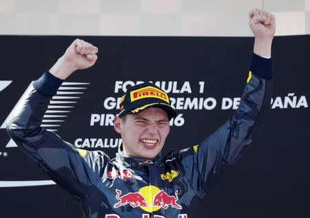 Red Bull F1 driver Max Verstappen of The Netherlands celebrates after winning Spanish Grand Prix. Spanish Grand Prix - Barcelona-Catalunya racetrack, Montmelo, Spain - 15/5/16. REUTERS/Juan Medina