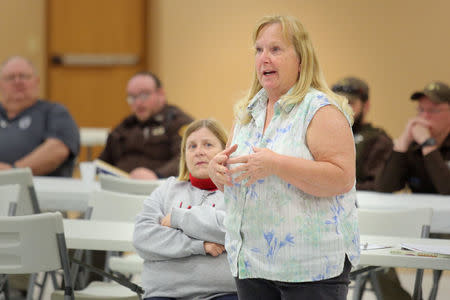 Diana Steskal expresses concerns that "man camps" created during construction of the Keystone XL Pipeline might bring the sex trade to their area during a human trafficking seminar in O'Neill, Nebraska, U.S. April 12, 2017. REUTERS/Lane Hickenbottom