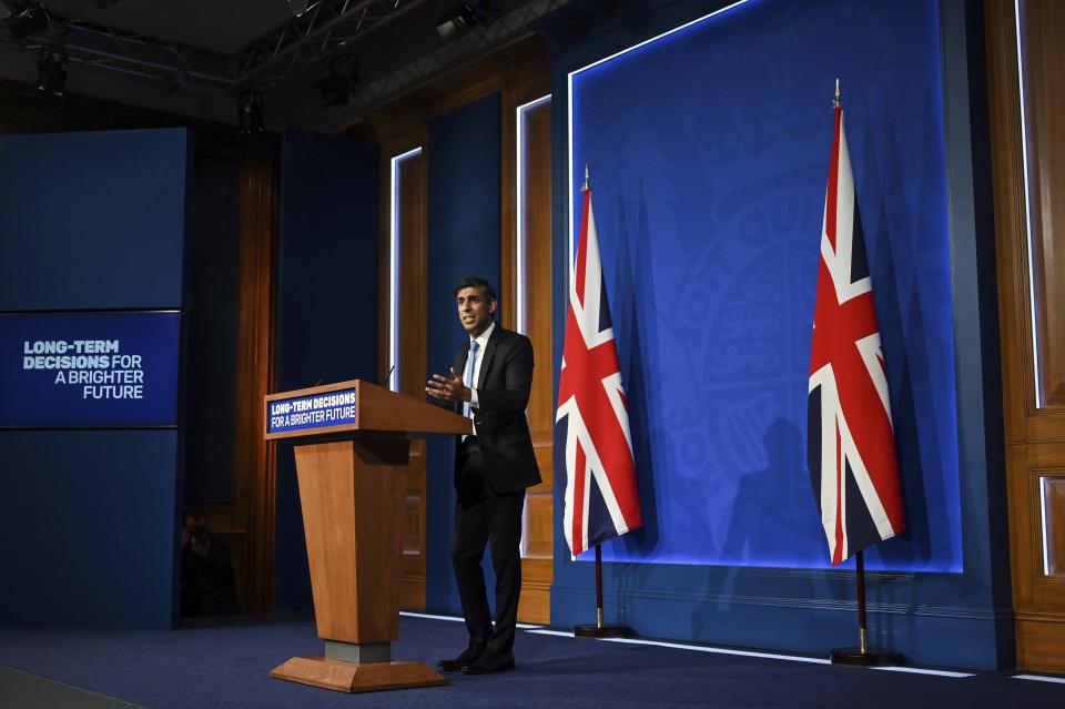 Britain's Prime Minister Rishi Sunak delivers a speech during a press conference on the net zero target, at the Downing Street Briefing Room, in central London, Wednesday Sept. 20, 2023. Prime Minister Rishi Sunak is preparing to water down some of Britain's environmental commitments, saying the country must fight climate change without penalizing workers and consumers. (Justin Tallis/Pool via AP)