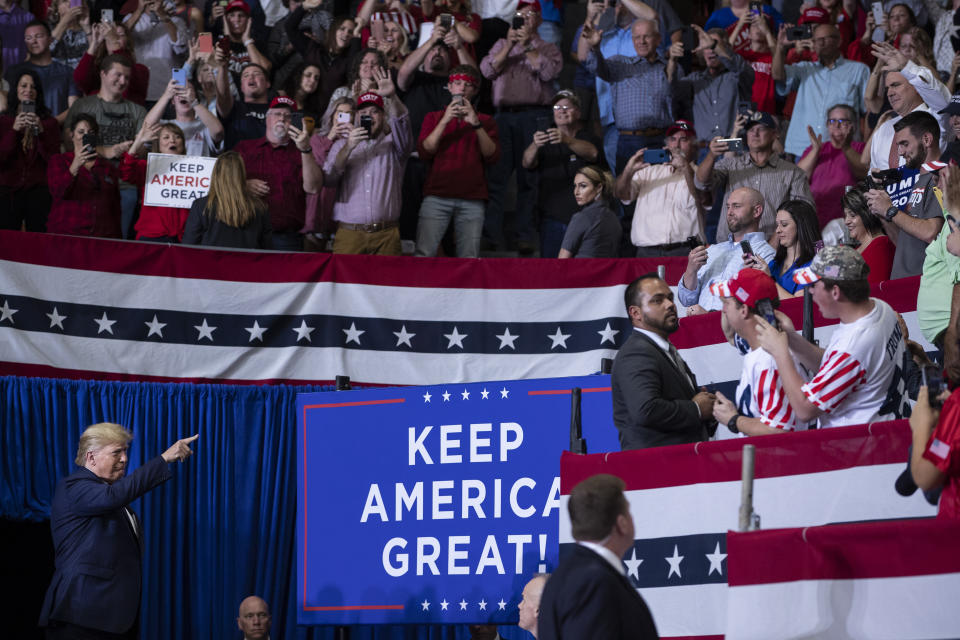 President Donald Trump arrives to speak at a campaign rally at the Monroe Civic Center, Wednesday, Nov. 6, 2019, in Monroe, La. (AP Photo/ Evan Vucci)