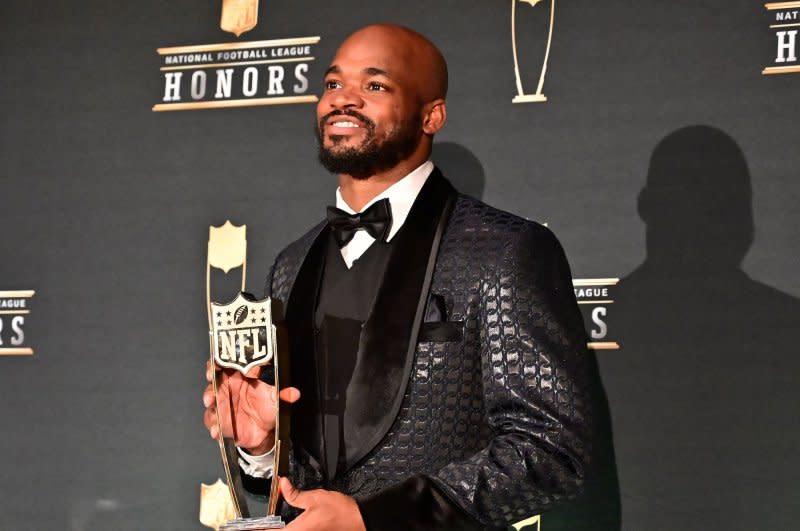 Adrian Peterson attends the NFL Honors in 2020. File Photo by David Tulis/UPI