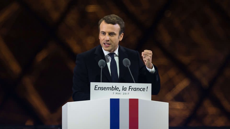 Emmanuel Macron delivers a speech at the Louvre Museum in Paris after winning the French presidential election in May 2017. - Jacques Witt/Sipa/AP