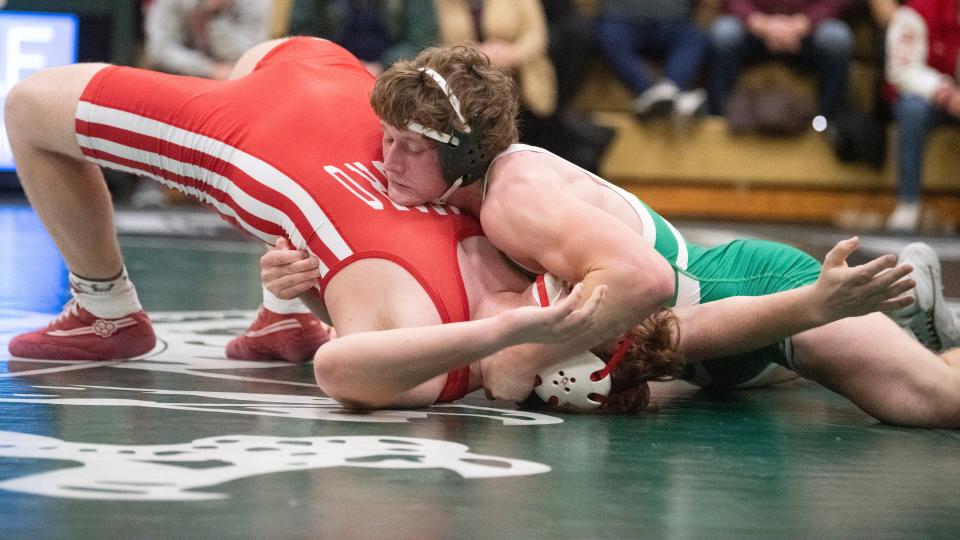 West Deptford's Andrew Tighe, top, controls Paulsboro's Jared Hazel during the 285 lb. bout of the wrestling meet held at West Deptford High School on Thursday, January 4, 2024. Tighe defeated Hazel by pin.