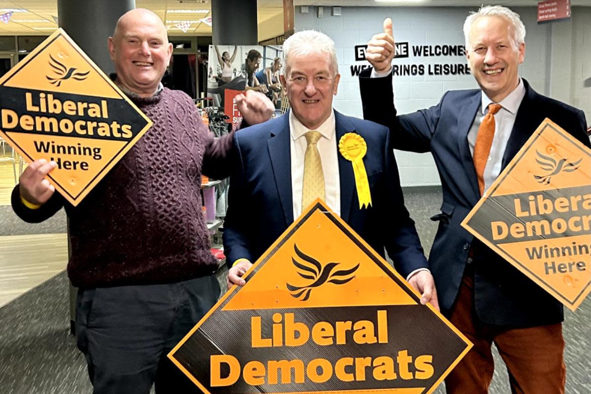 Rob Isaacs (centre) with Paul Adams (left), Taunton Lib Dem campaign organiser, and Gideon Amos (right) <i>(Image: Taunton and Wellington Lib Dem)</i>