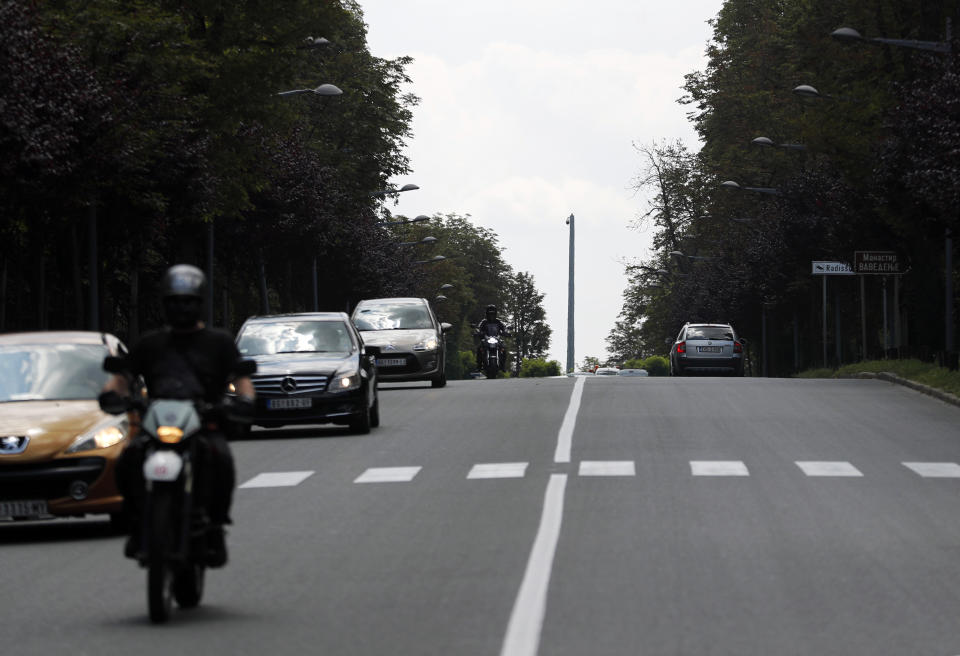 In this photo July 17, 2019, photo shows a high-tech video camera on a pillar in Belgrade, Serbia. When hundreds of new video cameras with the power to identify and track individuals mysteriously started appearing in the streets of Belgrade as part of a major surveillance project, some regular protesters begun having second thoughts about joining anti-government demonstrations in the Serbian capital. (AP Photo/Darko Vojinovic)