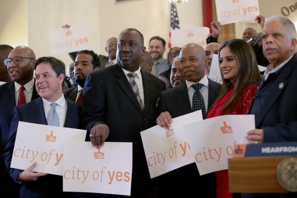 Garodnick (second from left) and Adams (third from right) are joined by other pols who support Adams’ trio of “City of Yes” initiatives. Andrew Schwartz / SplashNews.com