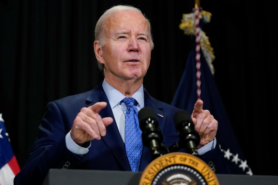 President Joe Biden speaks to reporters in Nantucket, Mass., Sunday, Nov. 26, 2023, about hostages freed by Hamas in a third set of releases under a four-day cease-fire deal between Israel and Hamas. (AP Photo/Stephanie Scarbrough)