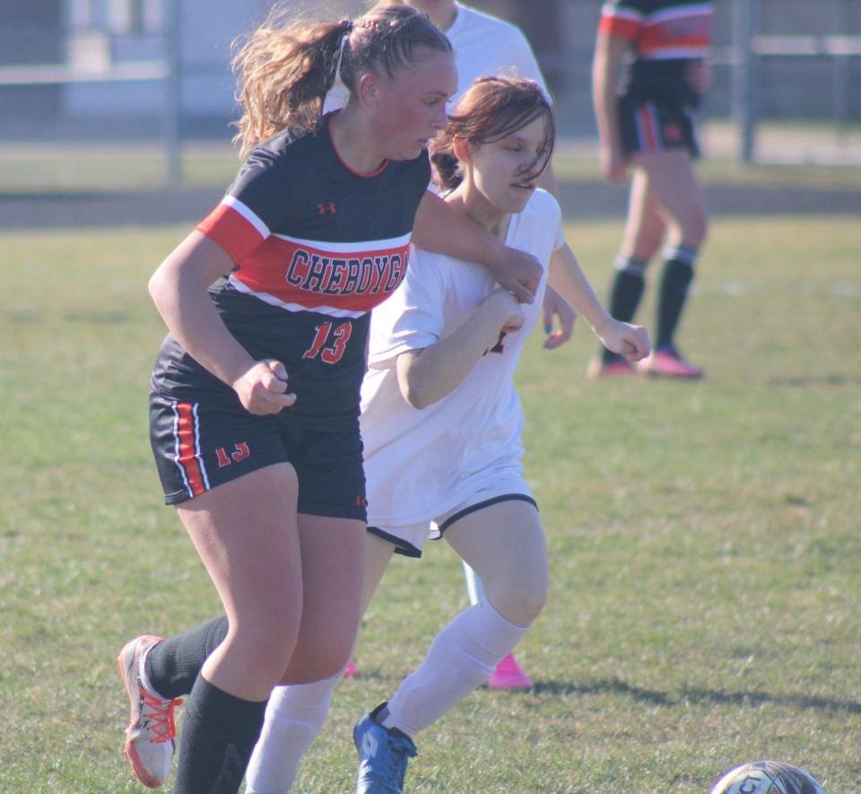 Freshman midfielder Elise Markham (13) netted four goals for the Cheboygan girls soccer team, which blew out Big Rapids Crossroads at home on Wednesday.