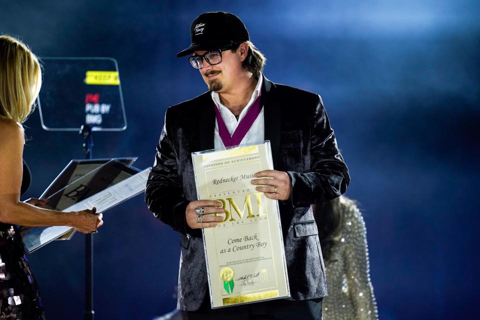 Hardy accepts an award for the song Come Back as a Country Boy during the BMI’s 70th Annual Country Awards at the BMI Music Row Headquarters in Nashville, Tenn., Tuesday, Nov. 8, 2022.