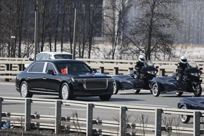 Chinese President Xi Jinping's motorcade drives from the Vnukovo-2 government airport outside Moscow, Russia, Monday, March 20, 2023. (AP Photo)