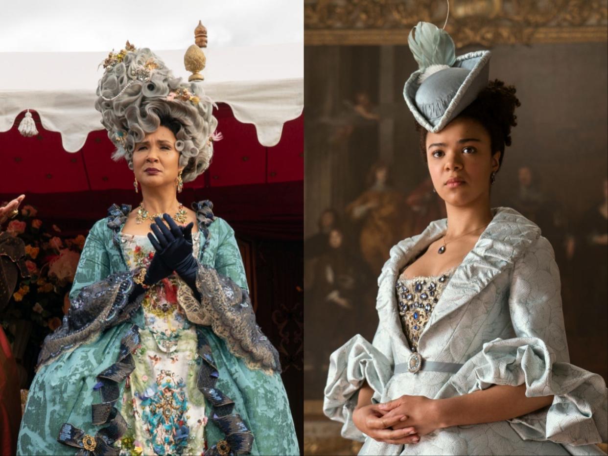 Queen Charlotte (Golda Rosheuvel) in "Bridgerton" season three and young Queen Charlotte (India Amarteifio) in "Queen Charlotte: A Bridgerton Story."