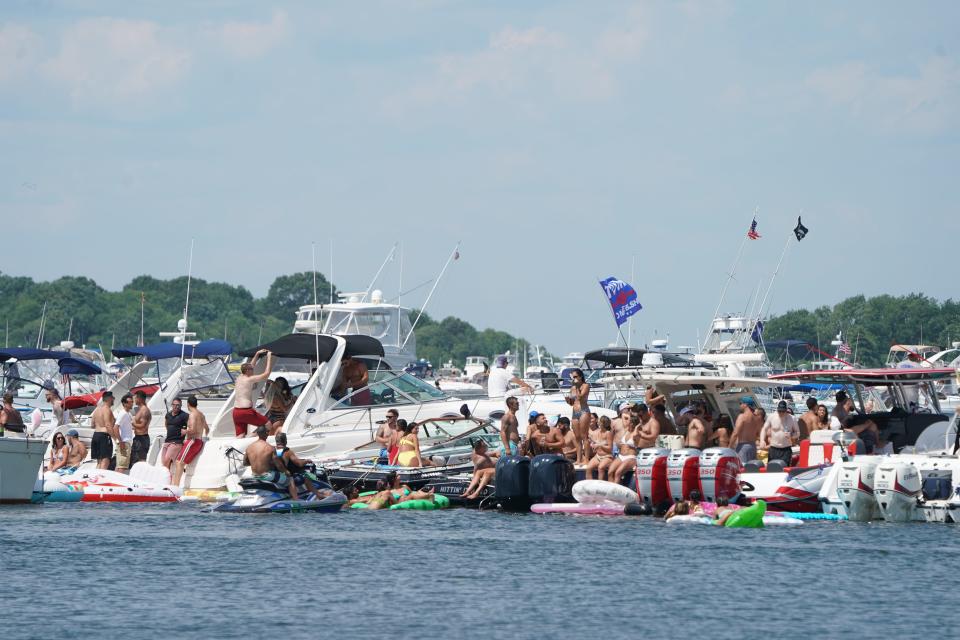 Boats tie up along each other during Aquapalooza held in Potter's Cove in 2020.