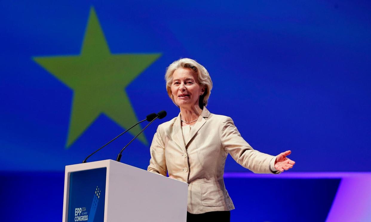 <span>Ursula von der Leyen told the EPP conference: ‘Prosperity, security, democracy – this is what people care about.’</span><span>Photograph: Robert Ghement/EPA</span>