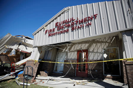 A damaged Eufaula Fire Department building is seen at the Eufaula Municipal Airport, after a string of tornadoes, in Eufaula, Alabama, U.S., March 5, 2019. REUTERS/Elijah Nouvelage