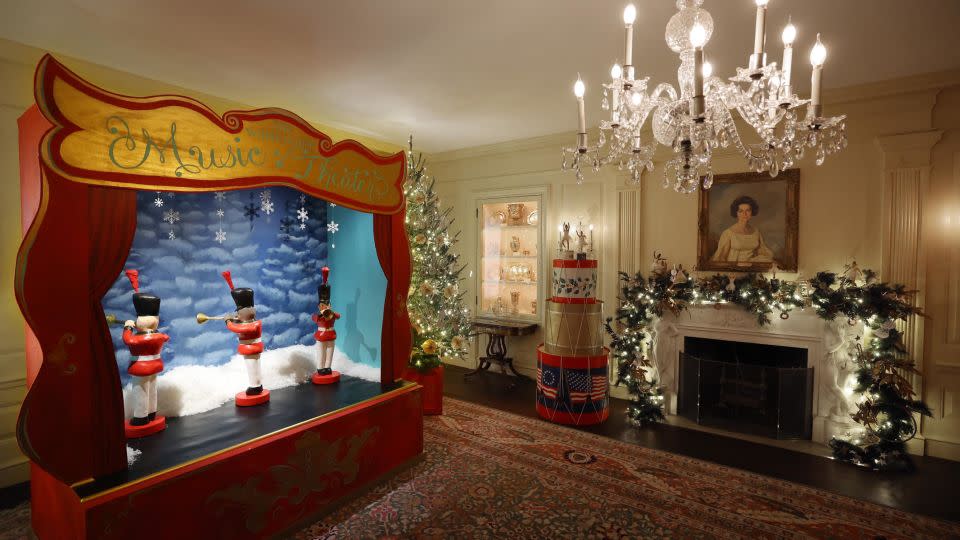 Do you hear what I hear? Decorations in the Vermeil Room celebrate music and performance, complete with a mechanical theater featuring rotating United States Marine Band figures. - Kevin Dietsch/Getty Images