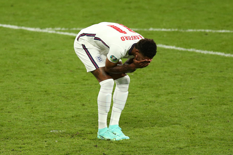 LONDON, ENGLAND - JULY 11: Marcus Rashford of England reacts after hitting the post in their team's third penalty in a penalty shoot out during the UEFA Euro 2020 Championship Final between Italy and England at Wembley Stadium on July 11, 2021 in London, England. (Photo by Alex Morton - UEFA/UEFA via Getty Images)