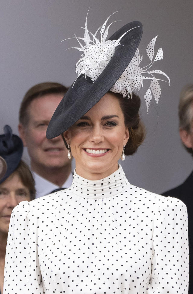 Princess Kate Looks Radiant in White Polka Dot Dress While Attending the  Order of the Garter Service: See Photos