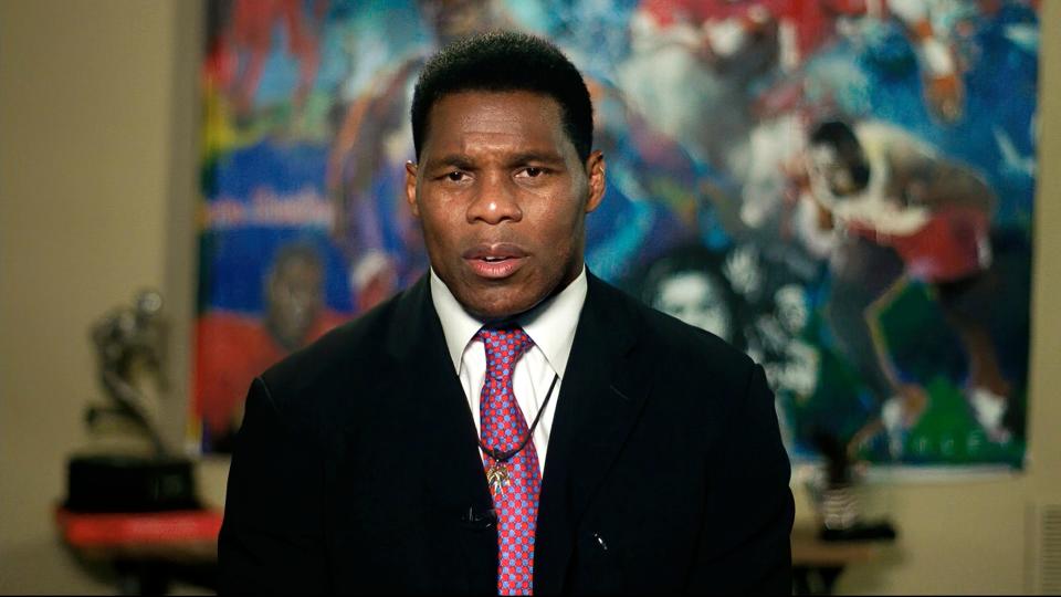 Herschel Walker speaks from his home in Texas during the first night of the Republican National Convention.