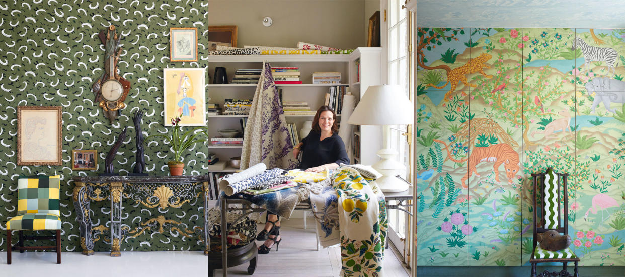  Behind the brand: Schumacher. Green and white patterned wallpaper in hallway, decorated console table, artwork on wall, checkered chair. Schumacher’s  creative director  Dara Caponigro. Patterned wallpaper with chair. 