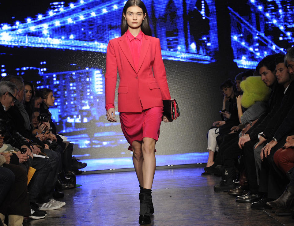 The DKNY Fall 2013 collection is modeled during Fashion Week, Sunday, Feb. 10, 2013, in New York. (AP Photo/Louis Lanzano)