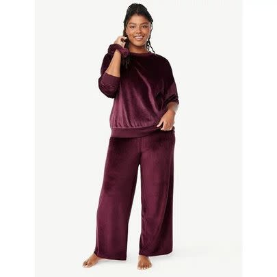 A ribbed velour top and pant set that comes with a matching scrunchie