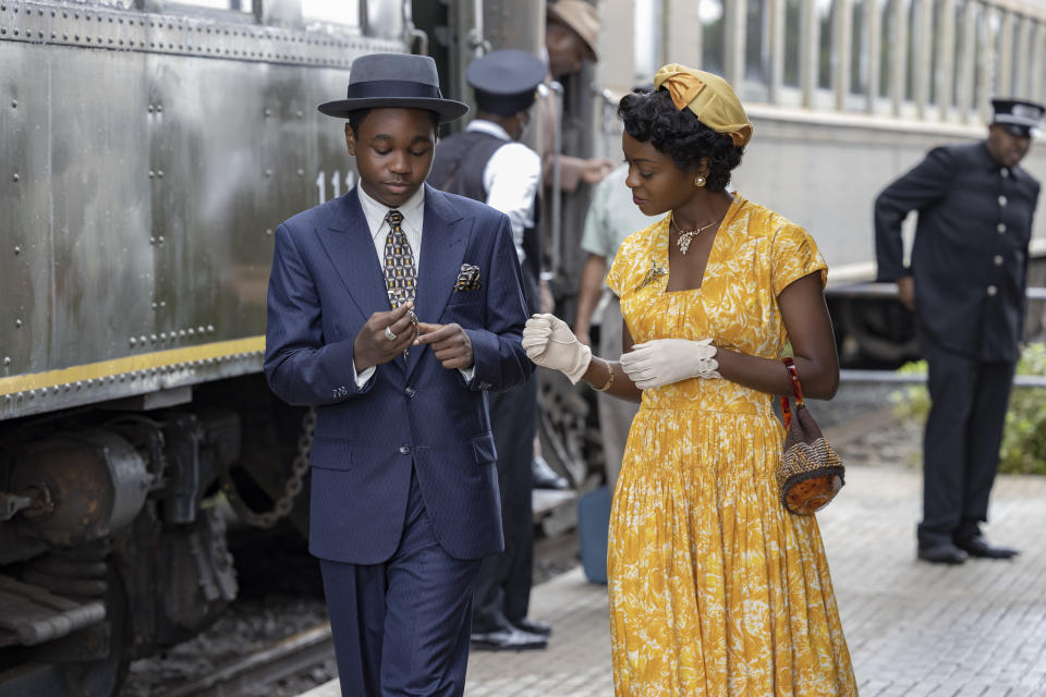 This image released by Orion Pictures shows Jalyn Hall as Emmett Till, left, and Danielle Deadwyler as Mamie Till-Mobley in "Till." President Joe Biden on Thursday, Feb. 16, 2023, is hosting a screening of the movie “Till,” a wrenching, new drama about the 1955 lynching of Emmett Till, who was brutally killed after a white woman said the Black 14-year-old had made improper advances toward her. (Lynsey Weatherspoon/Orion Pictures via AP)